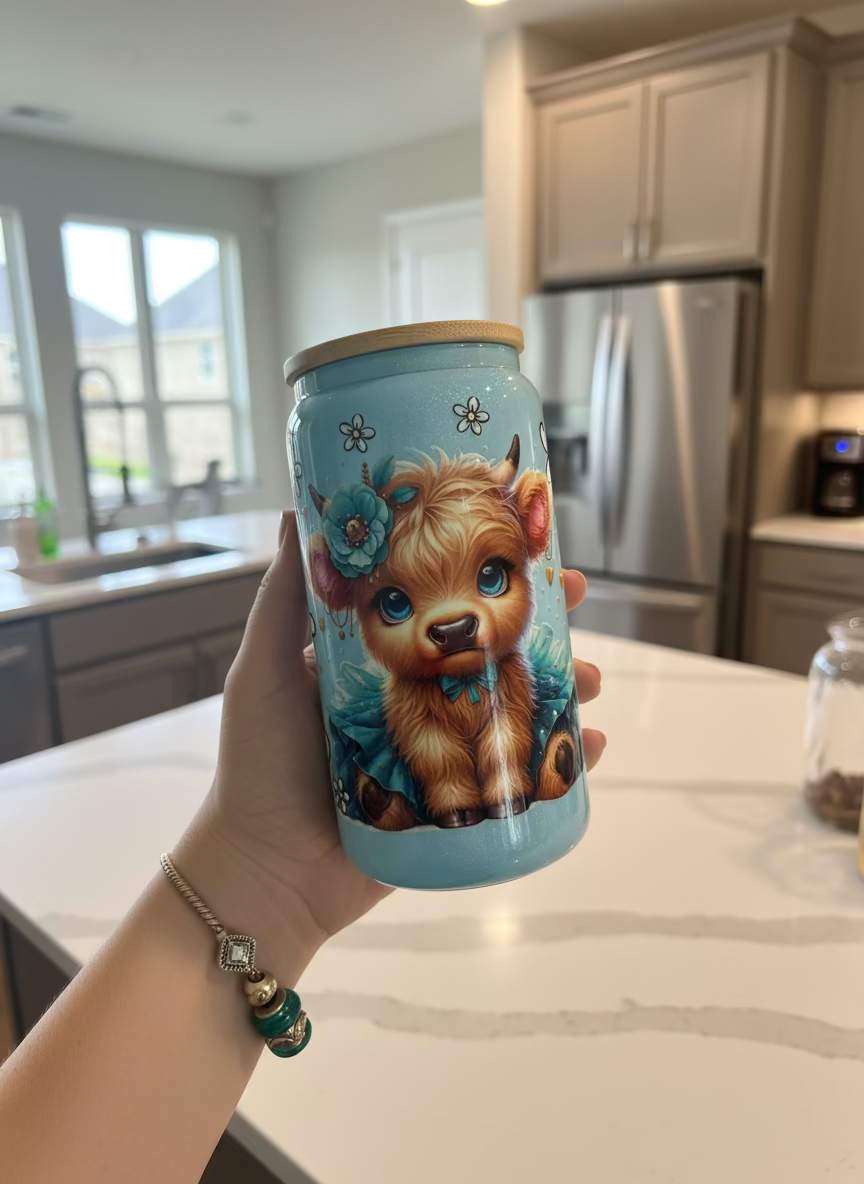 Glitter blue Baby Highland Cow Handmade Art Tumbler Glass