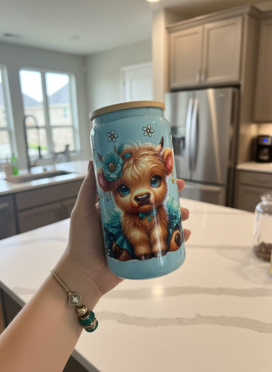 Glitter blue Baby Highland Cow Handmade Art Tumbler Glass