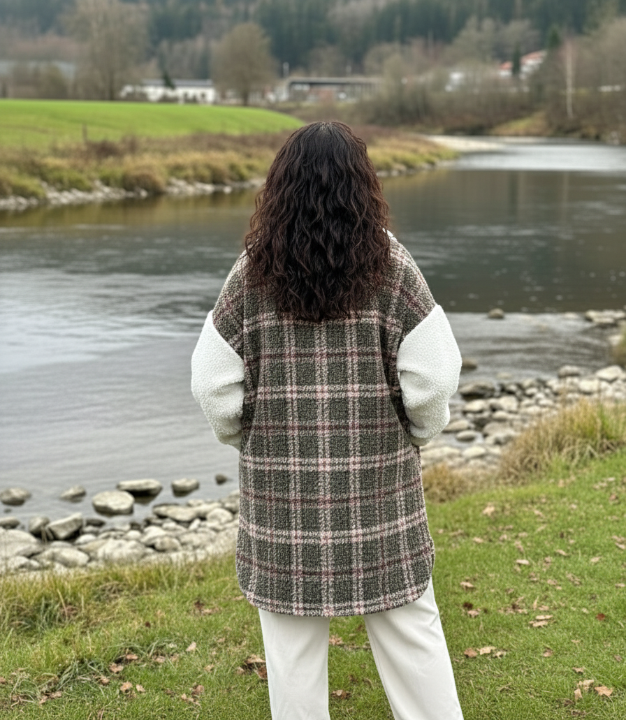 Khaki and White Fluffy Shacket Sweater