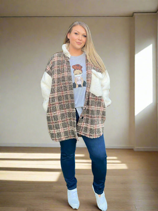 Khaki and White Fluffy Shacket Sweater