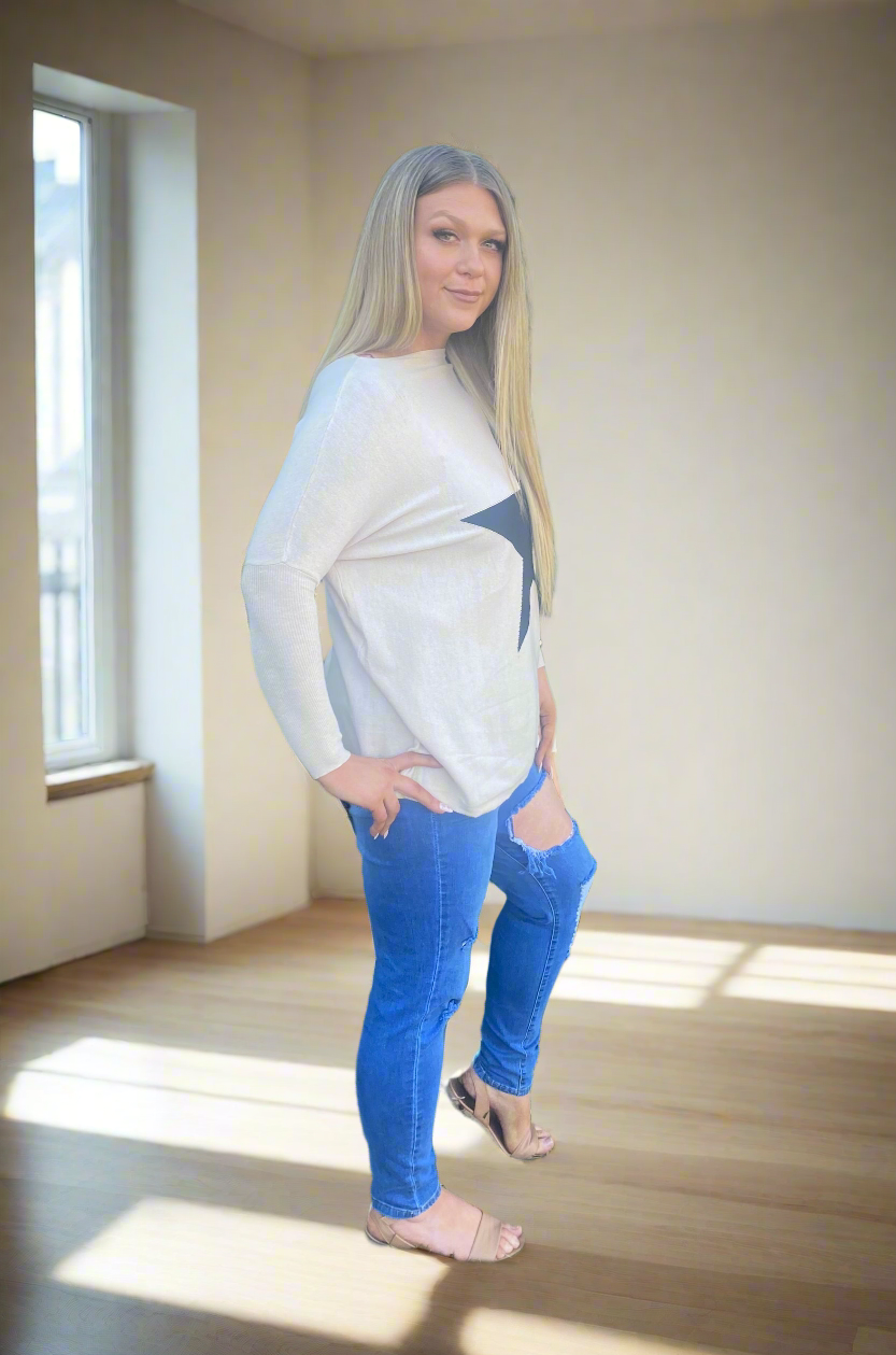 MEGHAN Cream Long Sleeve Black Star Top