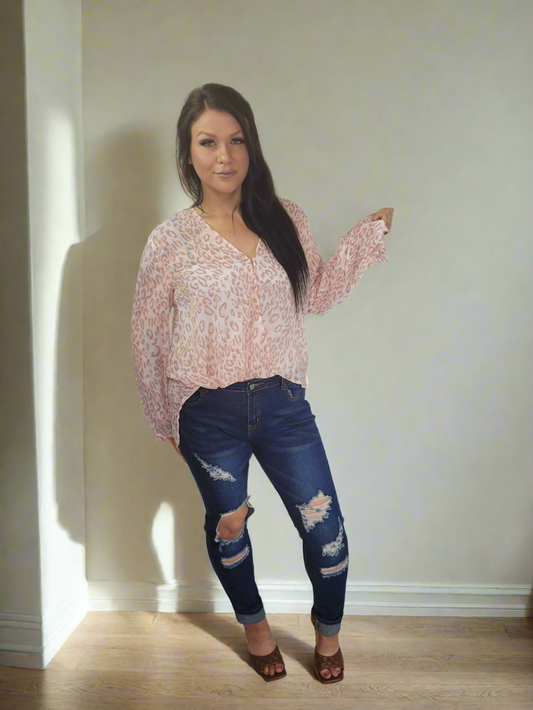 LEEANHA Pink Leopard high Low long Sleeve Top