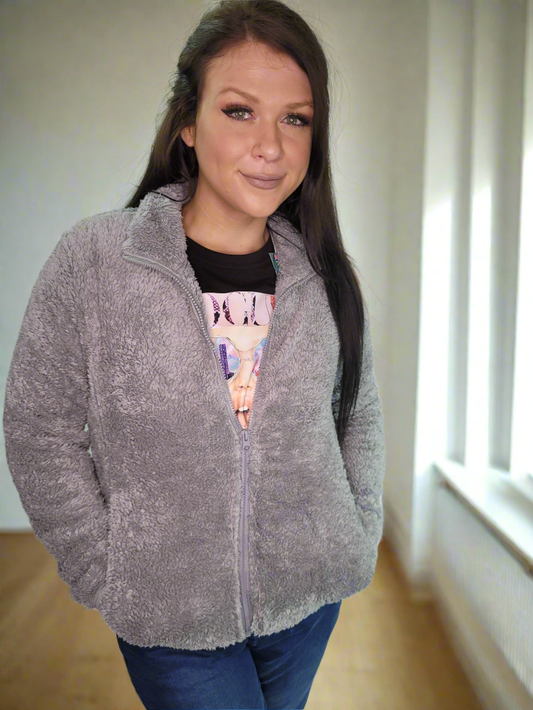 💙TEDDY Grey Zip Fluffy Jacket