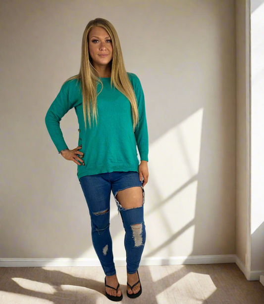 TRINITY Teal turquoise Long Sleeve Sweater Buttons Top