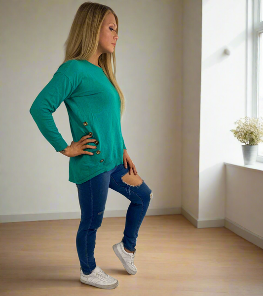 TRINITY Teal turquoise Long Sleeve Sweater Buttons Top