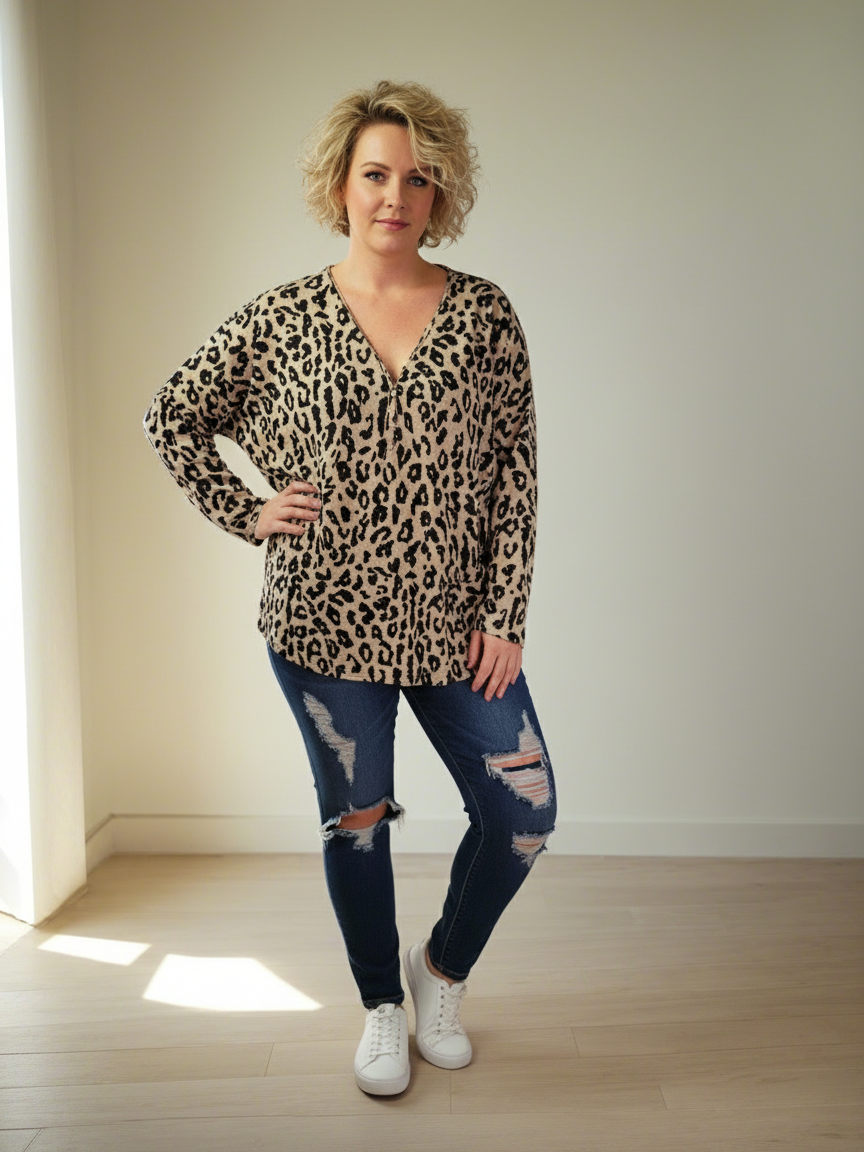LEO Leopard Flowey Zip Long Sleeve Top
