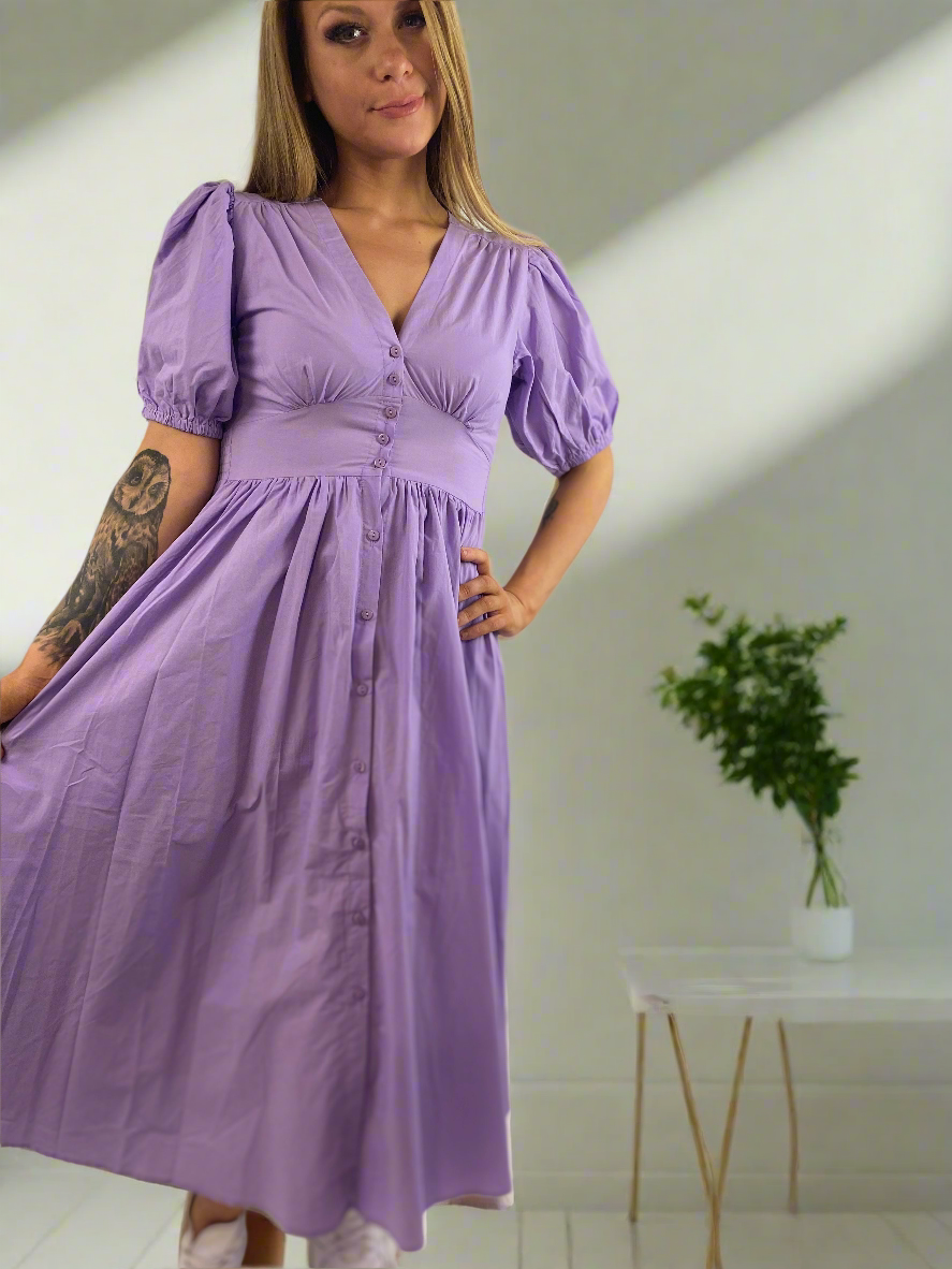 LULLA Lilac Midi Puff Sleeve V Neck Dress