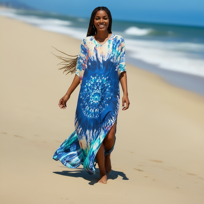 Ocean Goddess Mandala Tie-Dye Maxi Kaftan Dress