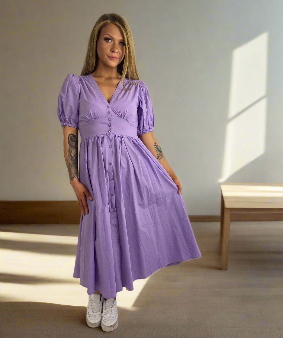 LULLA Lilac Midi Puff Sleeve V Neck Dress