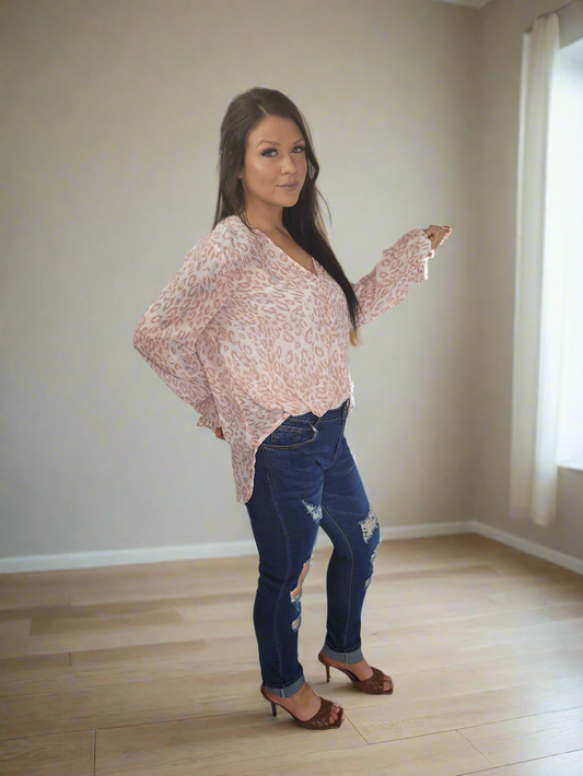 LEEANHA Pink Leopard high Low long Sleeve Top