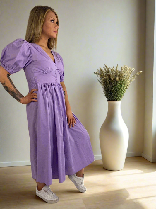 LULLA Lilac Midi Puff Sleeve V Neck Dress