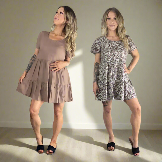 DARLA Swing Tiered Mini Dress 2 colours- Dark Pink Leopard & Beige
