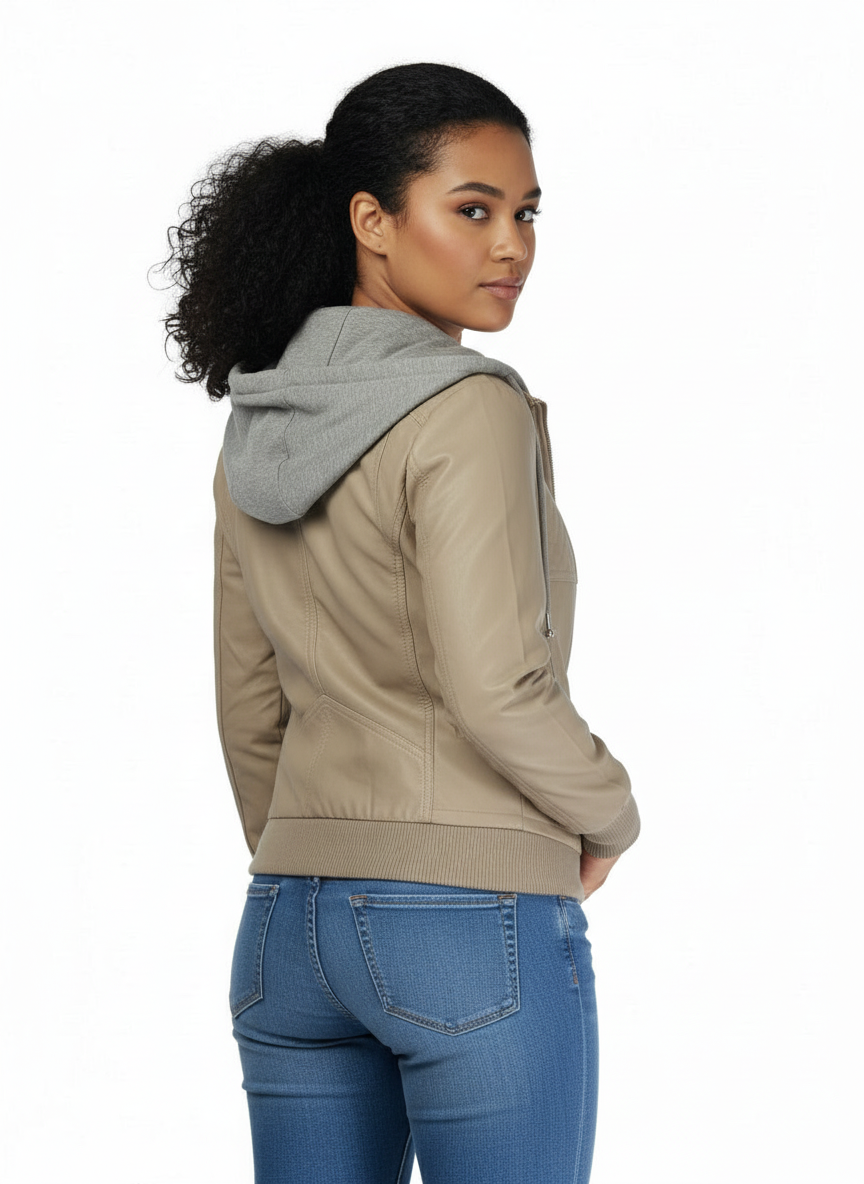 JULIET Beige Pleather and material hooded zip jacket