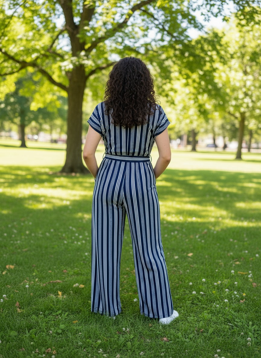 CASEY Striped Jumpsuit full length pants 2 colours- Caramello Stripe & Navy Blue Stripe