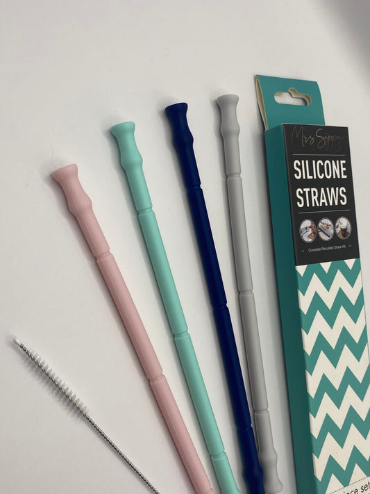 X4 Re-Useable Silicone Drinking Straws + Cleaner Brush