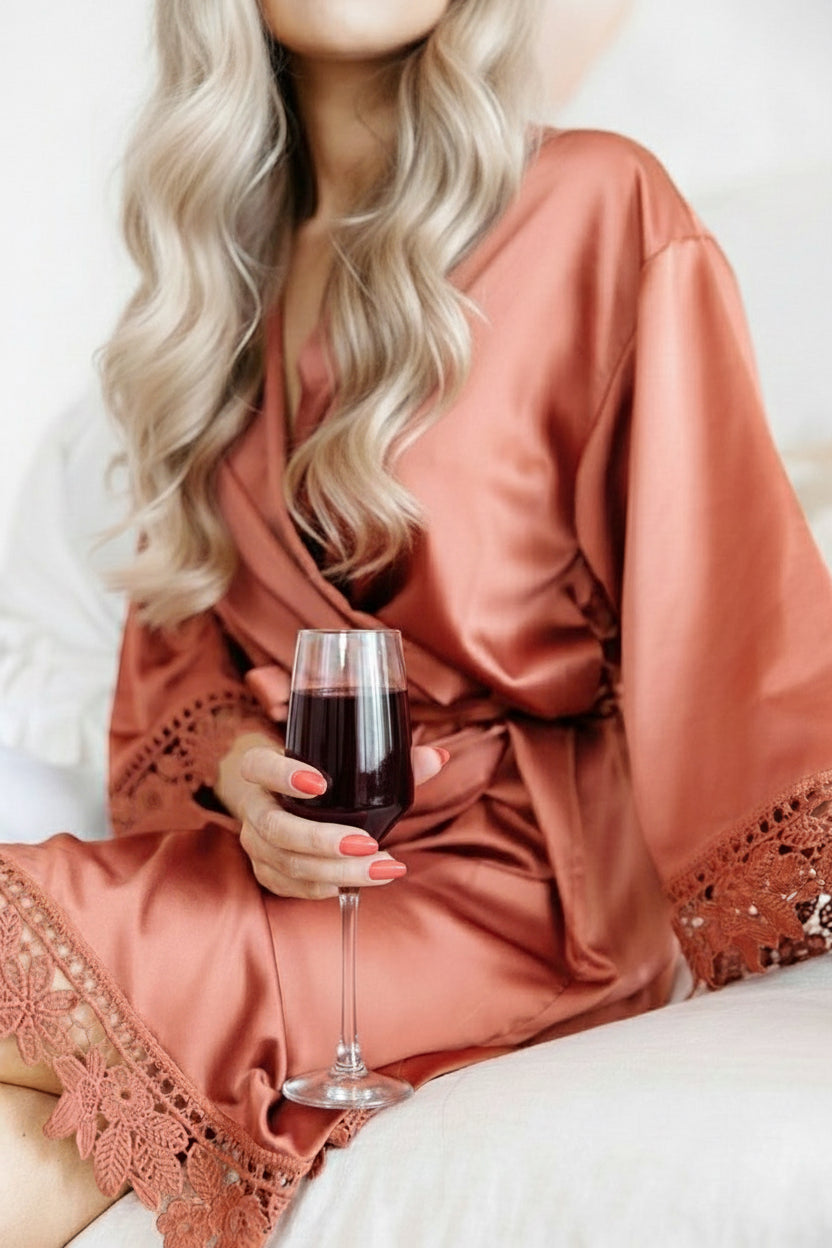 Silky Lace Trim Midi Dressing Gown – 12 Colours