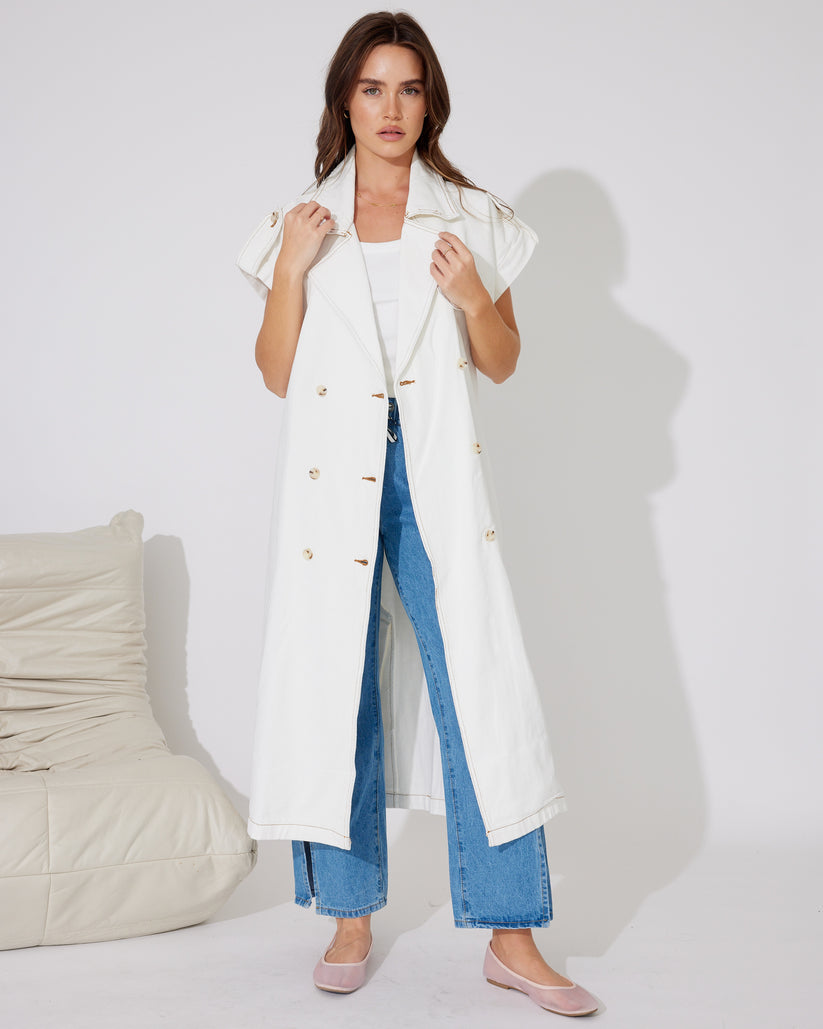 BELLA White Denim long line Trench Open Vest or Button Up