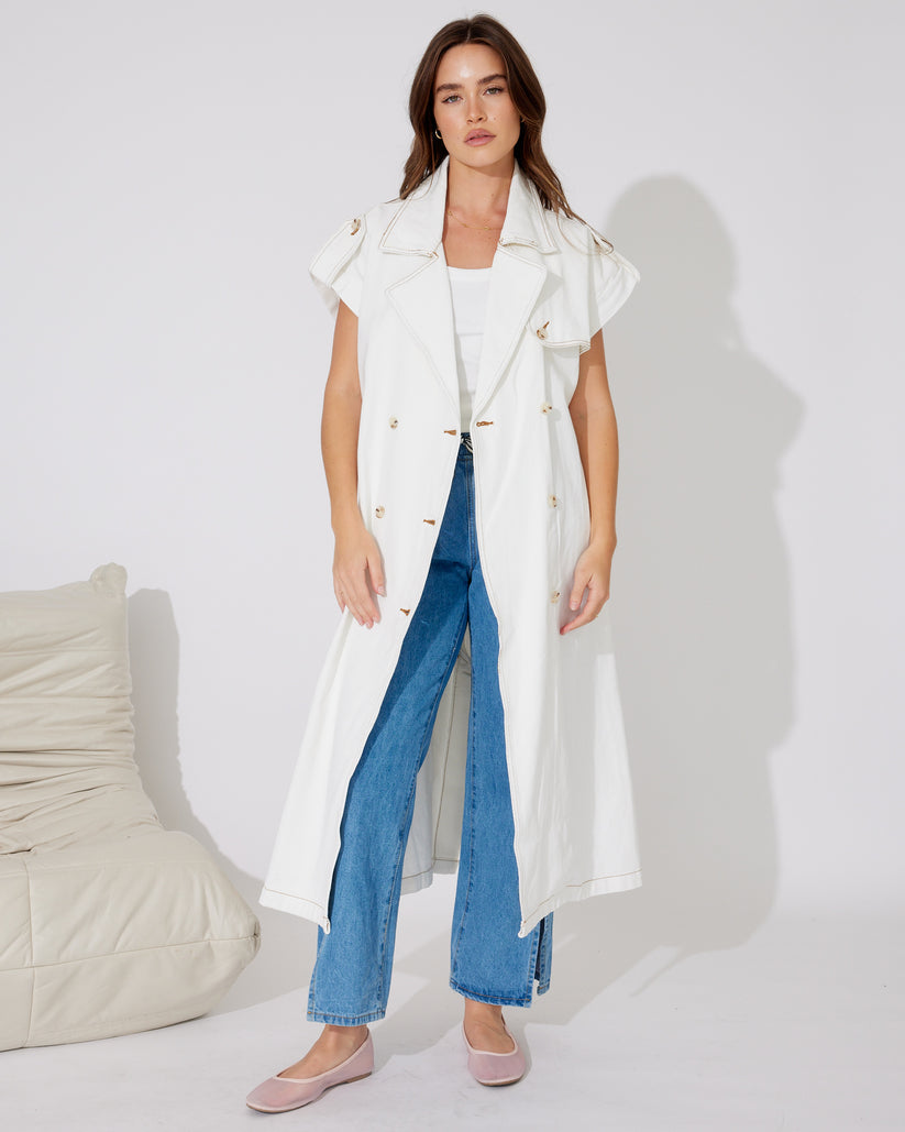 BELLA White Denim long line Trench Vest Throw Over