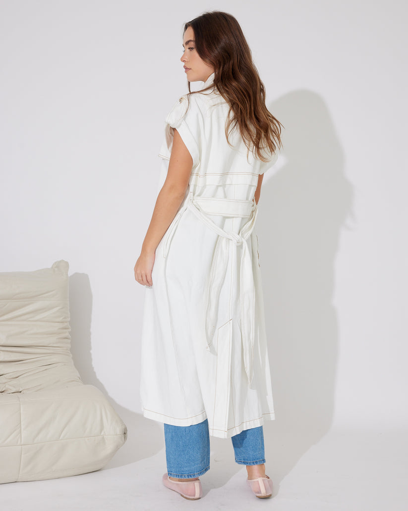 BELLA White Denim long line Trench Vest Throw Over