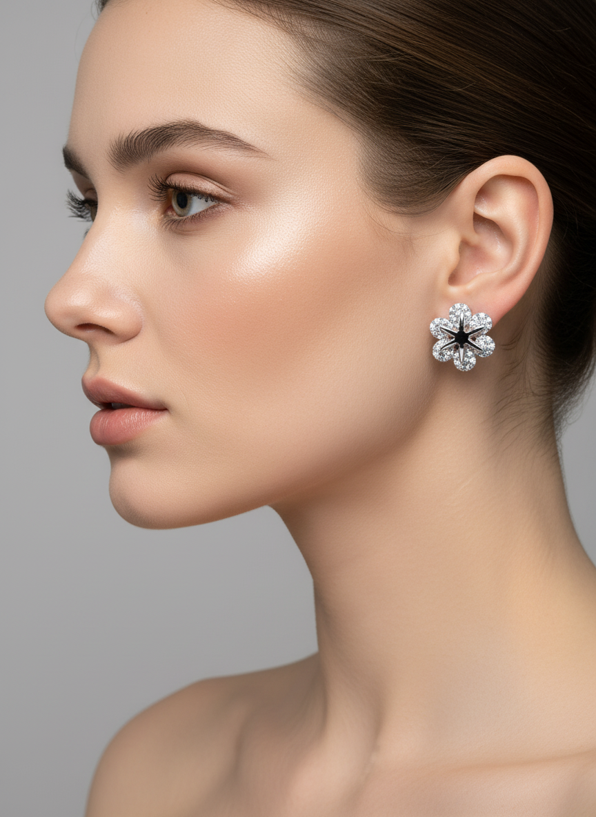 Crystal Flower Stud Earrings Silver Tone