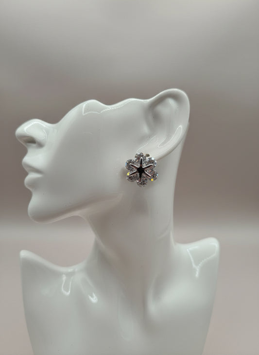 Crystal Flower Stud Earrings Silver Tone