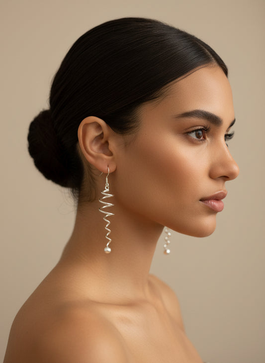 Silver Spiral Pearl Drop Earrings