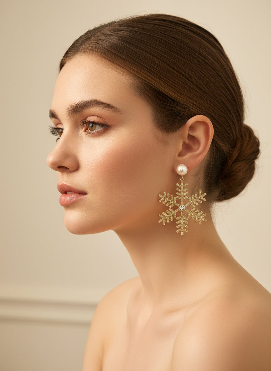 Golden Snowflake Pearl Drop Earrings
