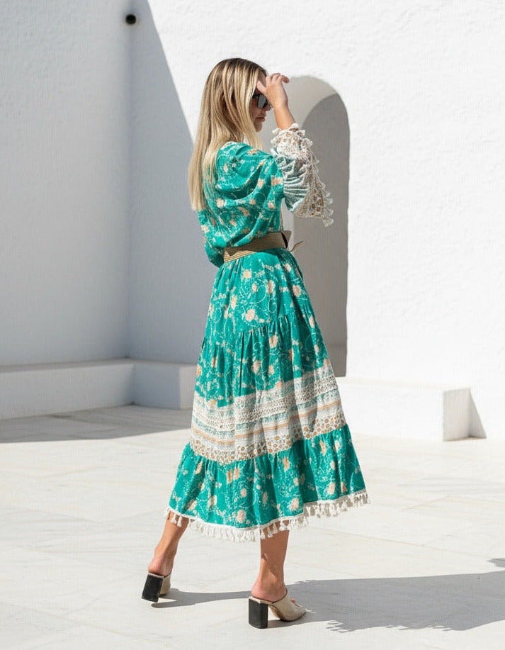 Emerald Isles Lace boho Tassel Maxi Dress