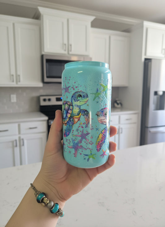 Glitter Turtles Blue Shimmer Cup Handmade Ocean Art Tumbler Glass