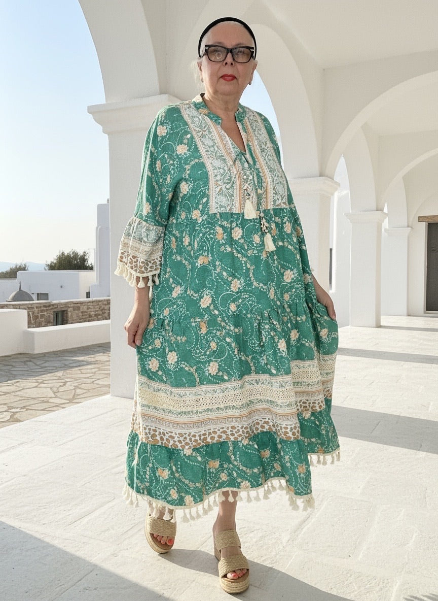 Emerald Isles Lace boho Tassel Maxi Dress