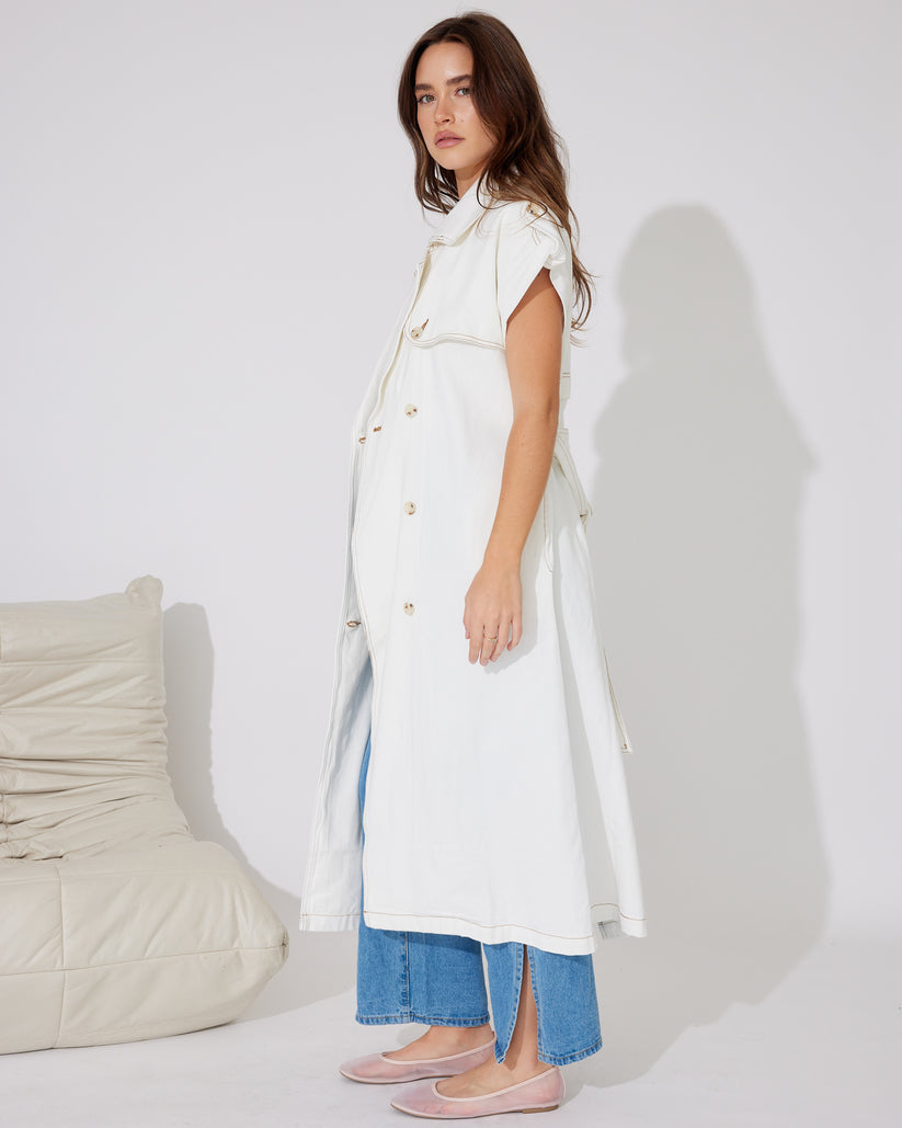 BELLA White Denim long line Trench Vest Throw Over