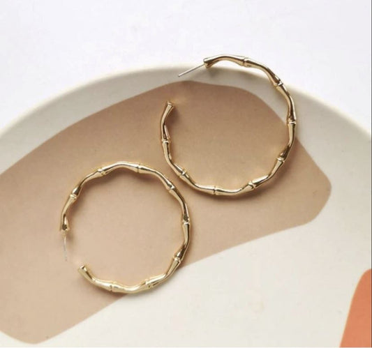 BAMBOO Hoop Earrings - Gold up close against white