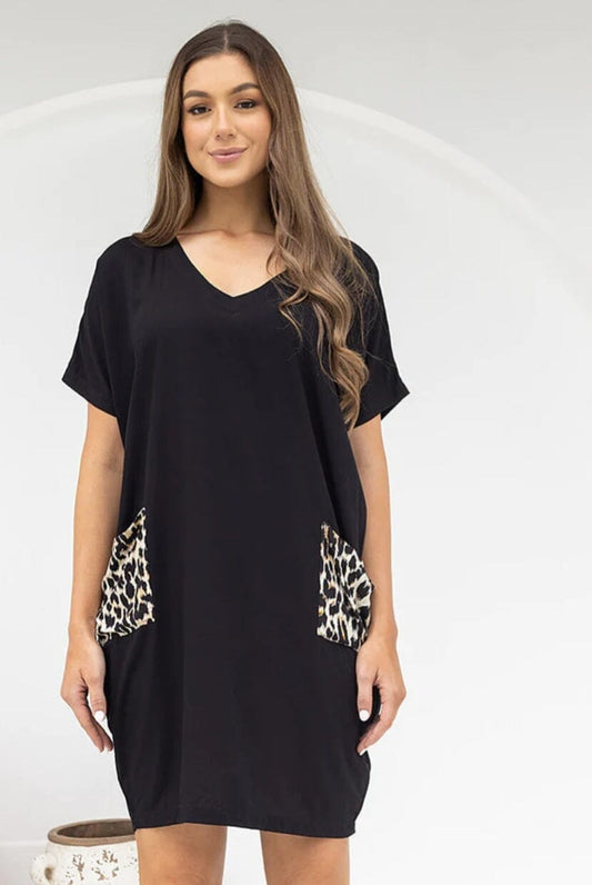 Black Dress with Contrast Leopard Pocket Dress Aambers Goodies xx 