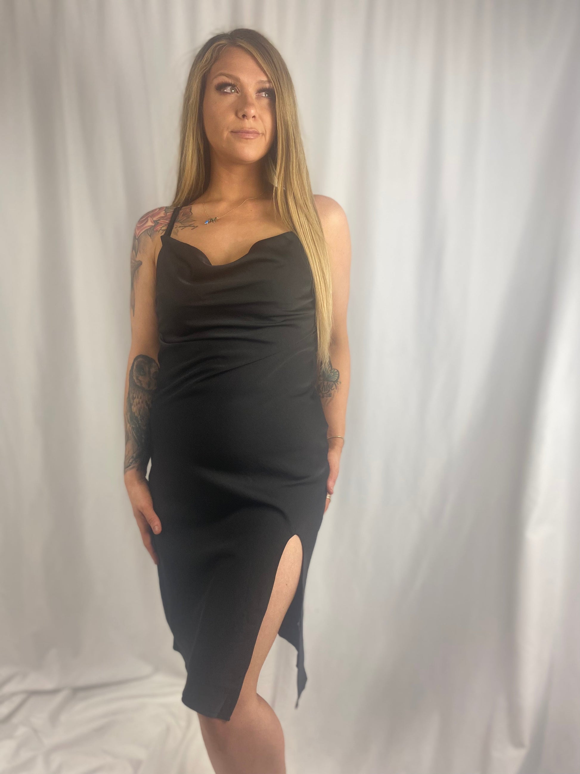 Black Silky Strappy side Split MIDI Dress