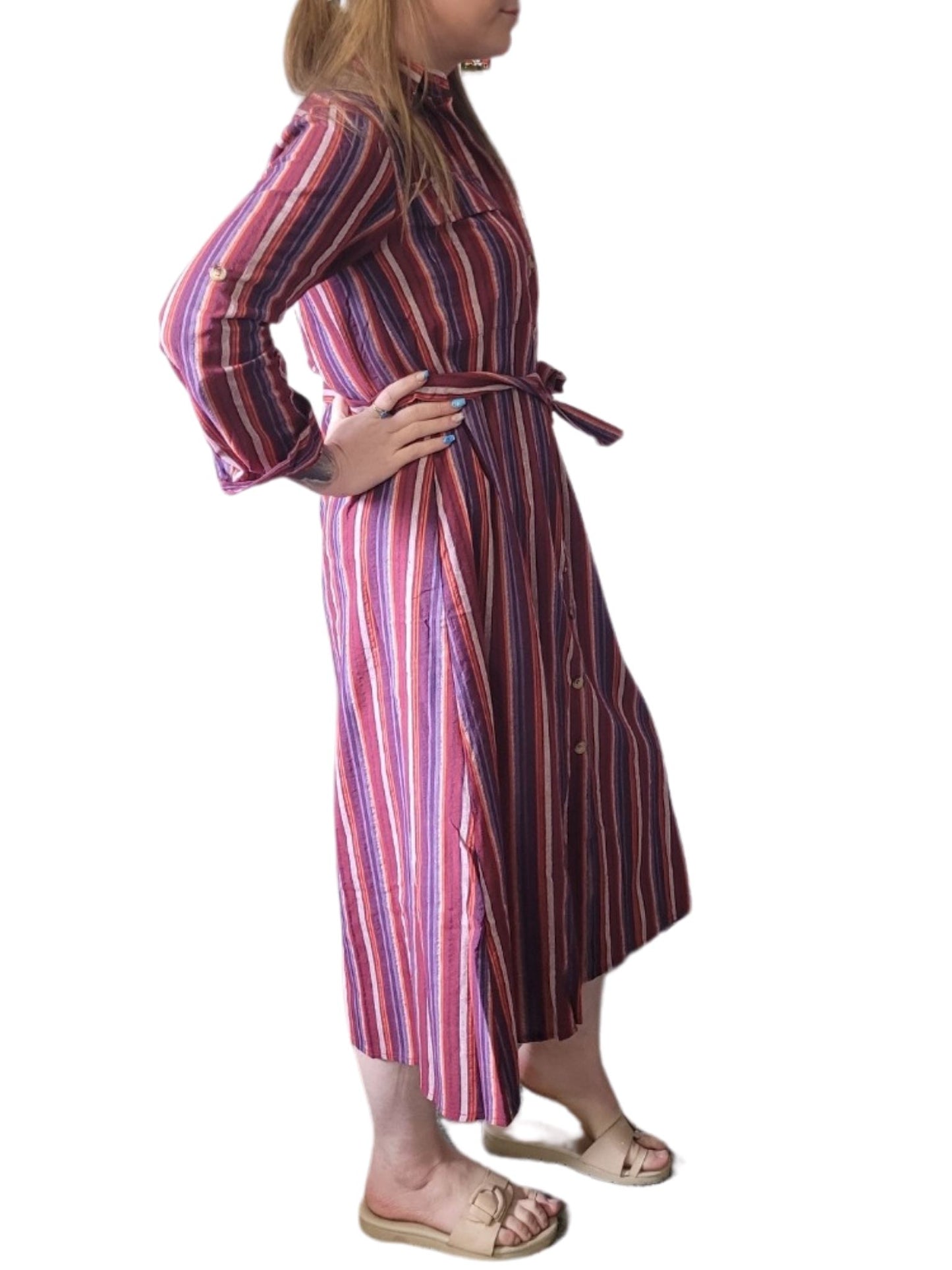 BULLA Stripe long button Dress 2 colours- Blue and Maroon/Pink Stripe Dress Aambers Goodies xx 