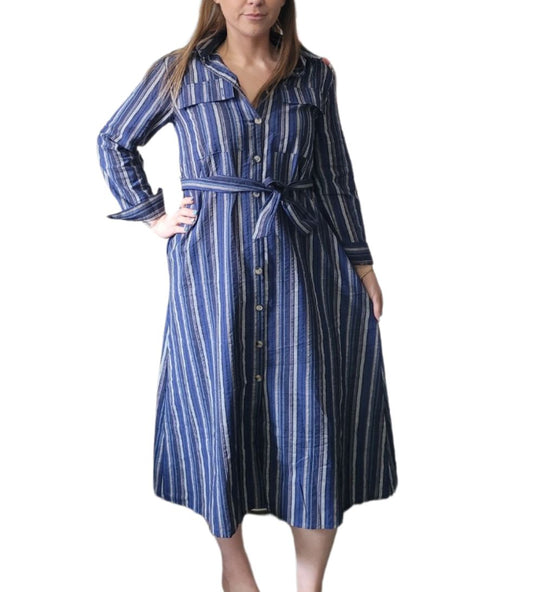 BULLA Stripe long button Dress 2 colours- Blue and Maroon/Pink Stripe Dress Aambers Goodies xx 8-10 au (S-M) BLUE 