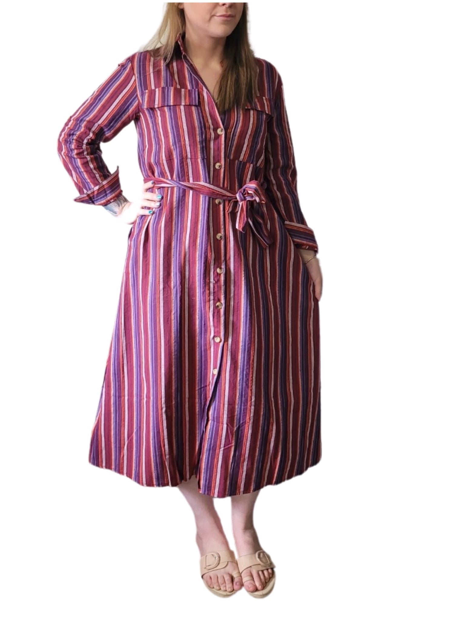 BULLA Stripe long button Dress 2 colours- Blue and Maroon/Pink Stripe Dress Aambers Goodies xx 8-10 au (S-M) MAROON/PINK 