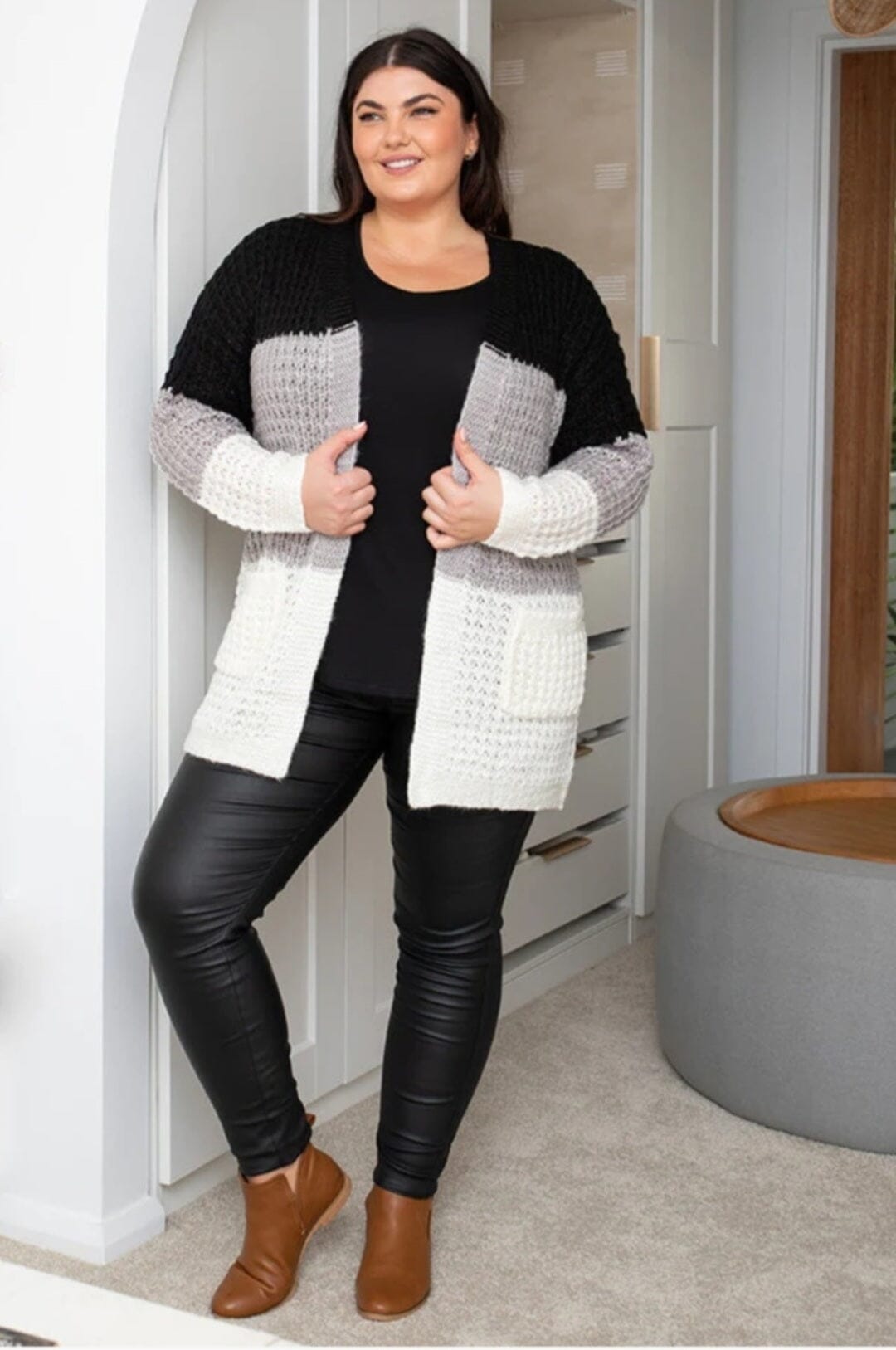 CLARISSA Knit Black, Grey & White Open Cardigan Aambers Goodies xx 