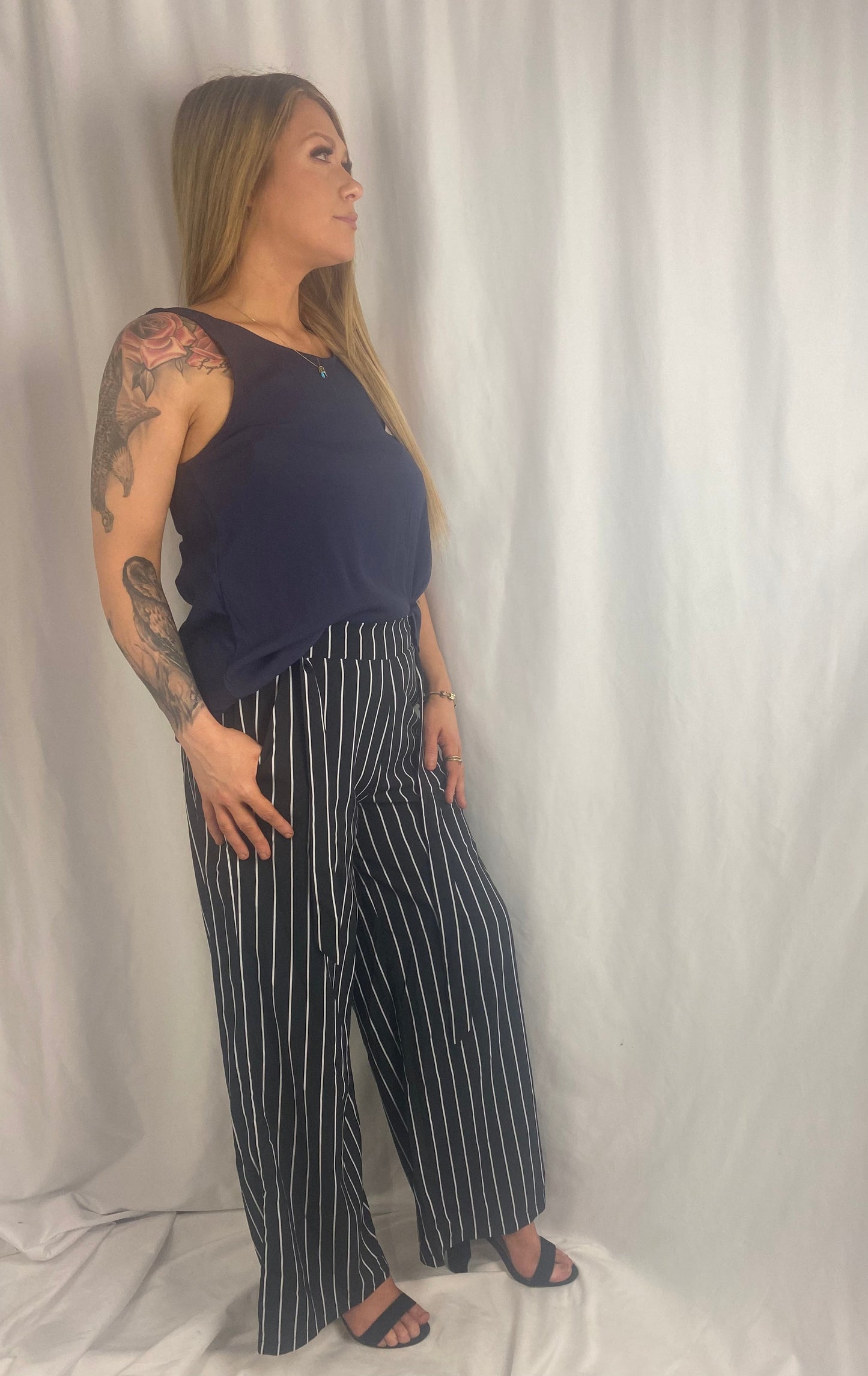 DEL Black and white stripe full Length High Waisted Pants Pants AambersGoodiesxx 