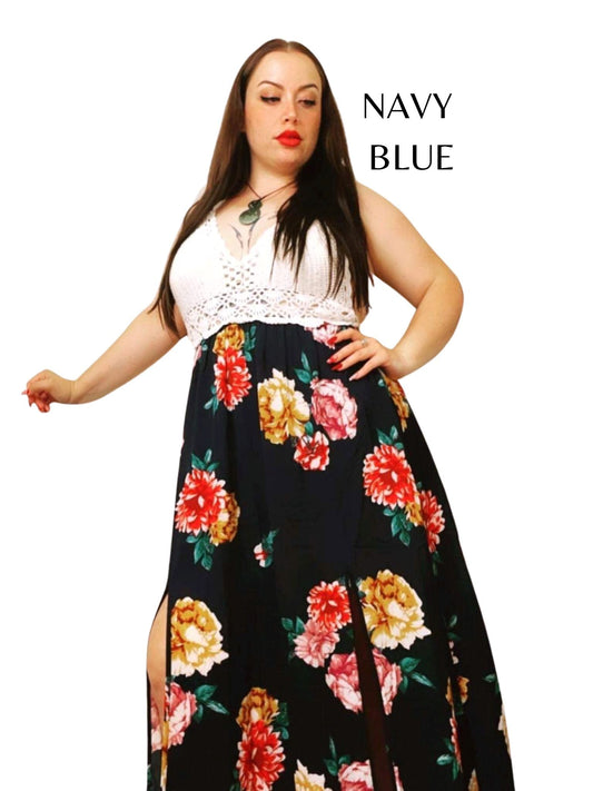 HAZEL Crochet Floral Maxi Dresses 2 colours- Navy Blue, White Dresses Aambers Goodies xx 6-14 au (XS-XL) NAVY BLUE 
