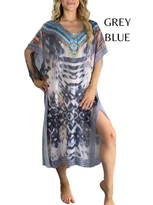 JAZZY Bejeweled Maxi Kaftan Dresses Colors - Sunset Blue Yellow, Turquoise Luxury, Country style, Grey Blue, Parrot Kaftan Dress Aambers Goodies xx 6-26 au (XS-7XL) GREY BLUE 