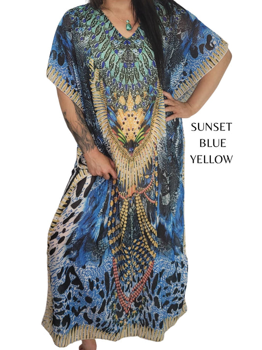 JAZZY Bejeweled Maxi Kaftan Dresses Colors - Sunset Blue Yellow, Turquoise Luxury, Country style, Grey Blue, Parrot Kaftan Dress Aambers Goodies xx 6-26 au (XS-7XL)Sunset Blue Yellow 