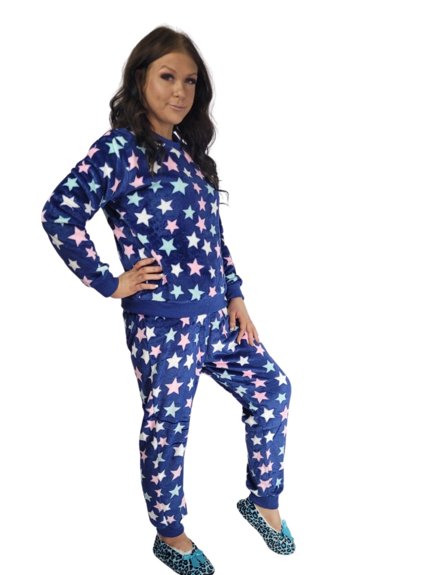 LACEY Cuffed fluffy Lounge Wear Sets 4 colours- Navy Blue Stars, Pink Panda, Mocha Leopard & Black Avocados Lounge wear Aambers Goodies xx 