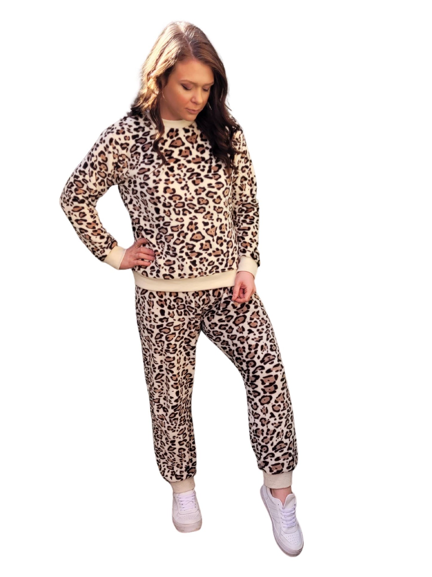 LACEY Cuffed fluffy Lounge Wear Sets 4 colours- Navy Blue Stars, Pink Panda, Mocha Leopard & Black Avocados Lounge wear Aambers Goodies xx 6-8 au (XS-S) MOCHA LEOPARD 