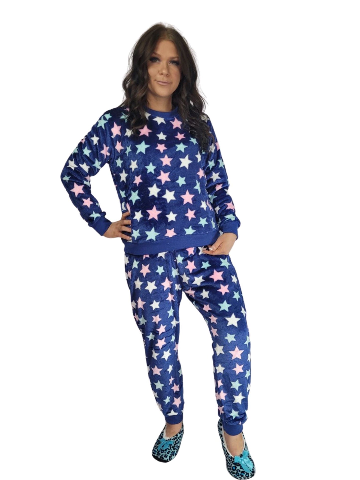 LACEY Cuffed fluffy Lounge Wear Sets 4 colours- Navy Blue Stars, Pink Panda, Mocha Leopard & Black Avocados Lounge wear Aambers Goodies xx 6-8 au (XS-S) NAVY BLUE STARS 