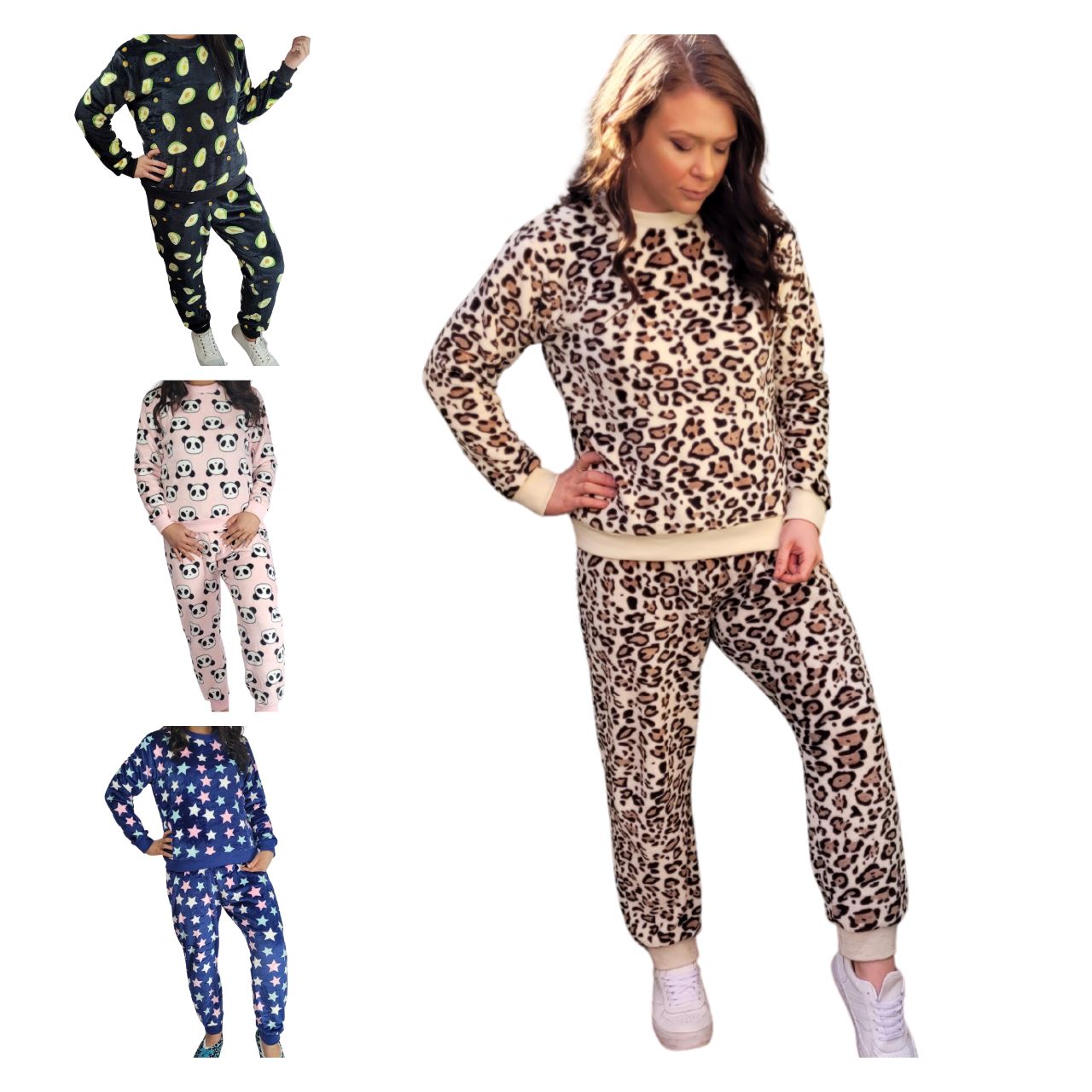 LACEY Cuffed fluffy Lounge Wear Sets 4 colours- Navy Blue Stars, Pink Panda, Mocha Leopard & Black Avocados Lounge wear Aambers Goodies xx 