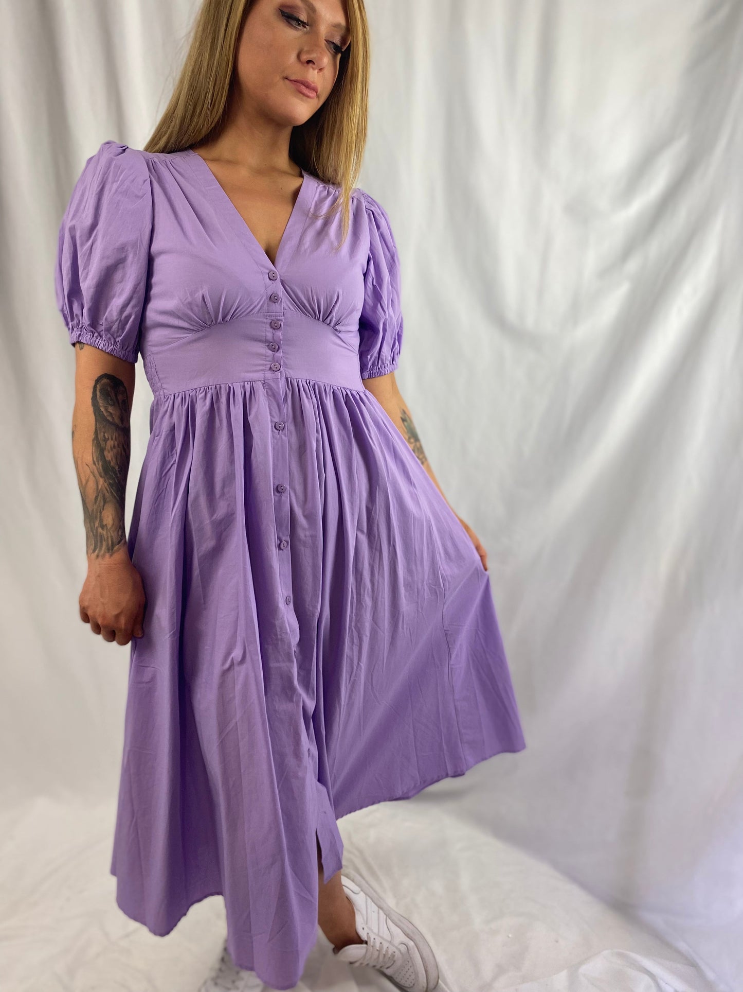 LULLA Lilac Midi Puff Sleeve V Neck Dress Dresses Aambers Goodies xx 