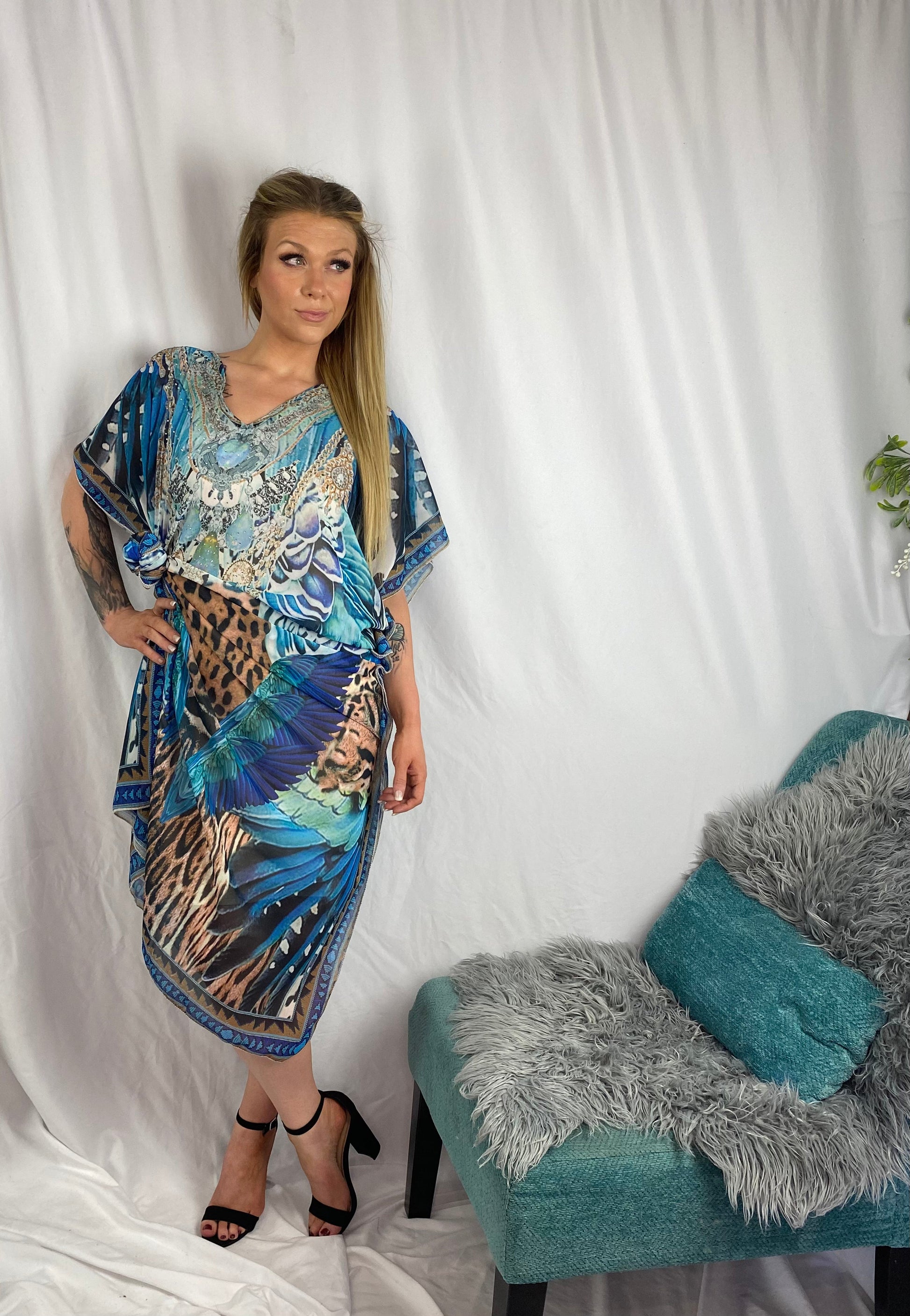 LUNA Teal/Blue Jewel Bejeweled Maxi Kaftan Dress Kaftan Dress Aambers Goodies xx 