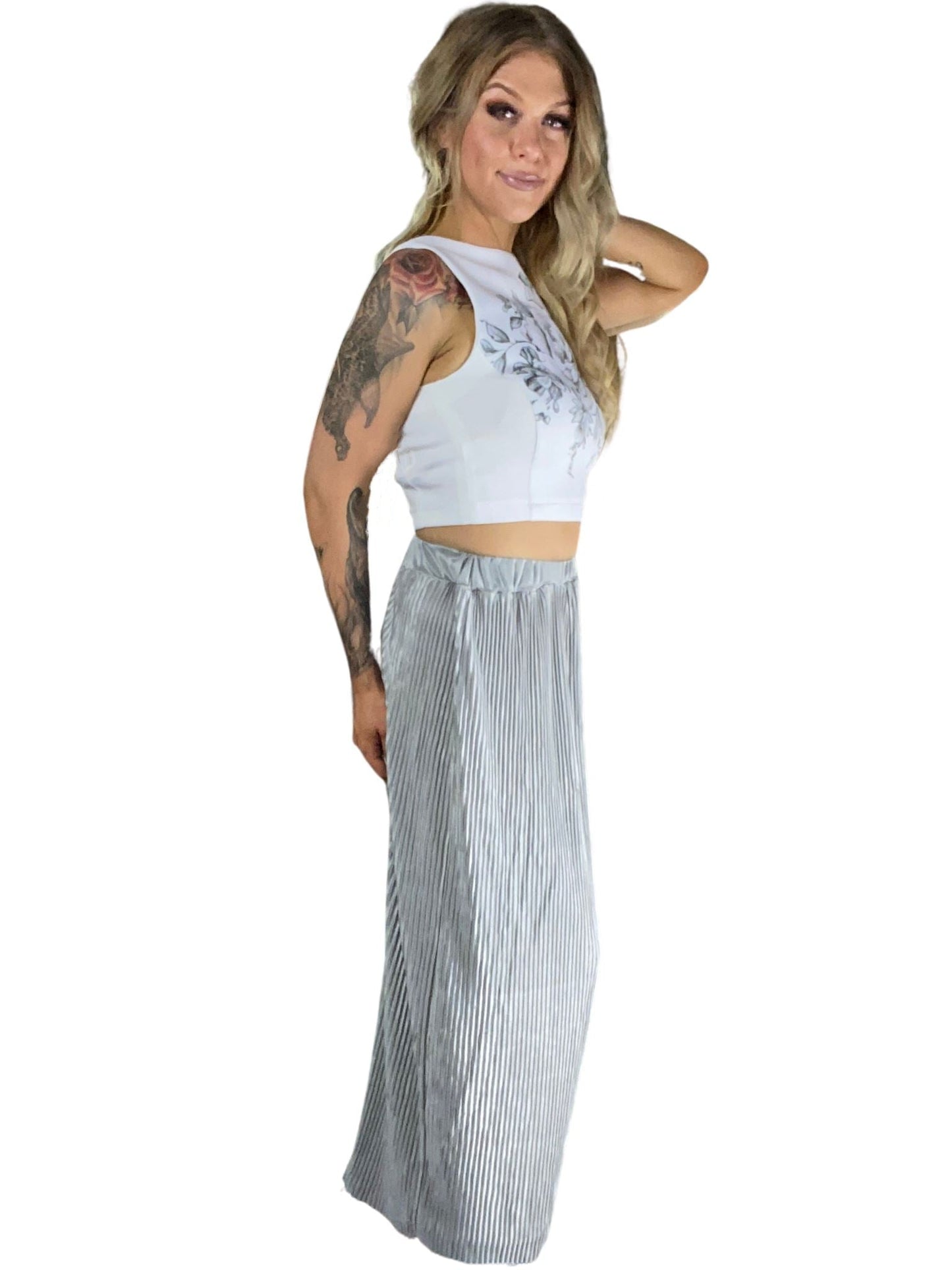 Metallic silver crease maxi skirt Skirts Aambers Goodies xx 