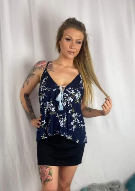 NELLY Navy Blue Floral boho Cropped Top Shirts & Tops Aambers Goodies xx 6-8 au (XS-S) 